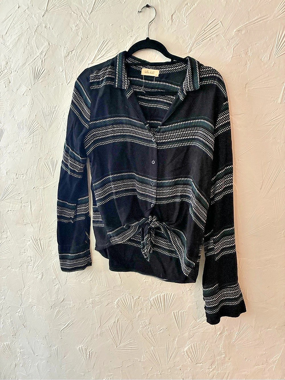 Bella Dahl Tie Front Button Down Shirt Striped Blouse Black & White